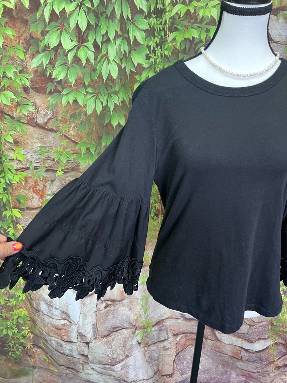 SEE BY CHLOE Black Jersey Knit Luxury Minimalist Bell Sleeve Crewneck, S - Picture 3 of 13